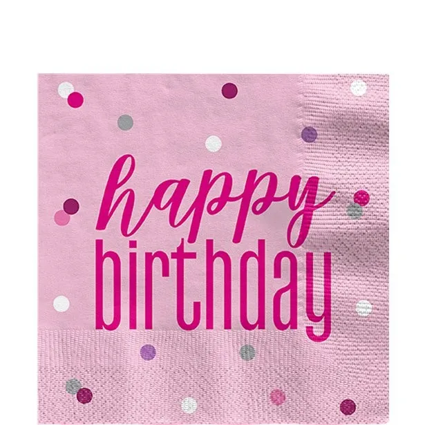 16 tovaglioli di compleanno rosa scintillante 33 x 33 cm