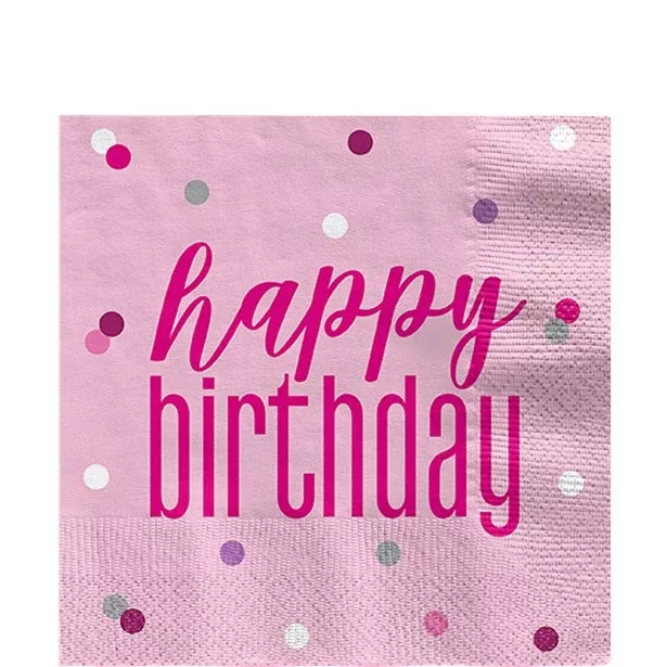16 tovaglioli di compleanno rosa scintillante 33 x 33 cm