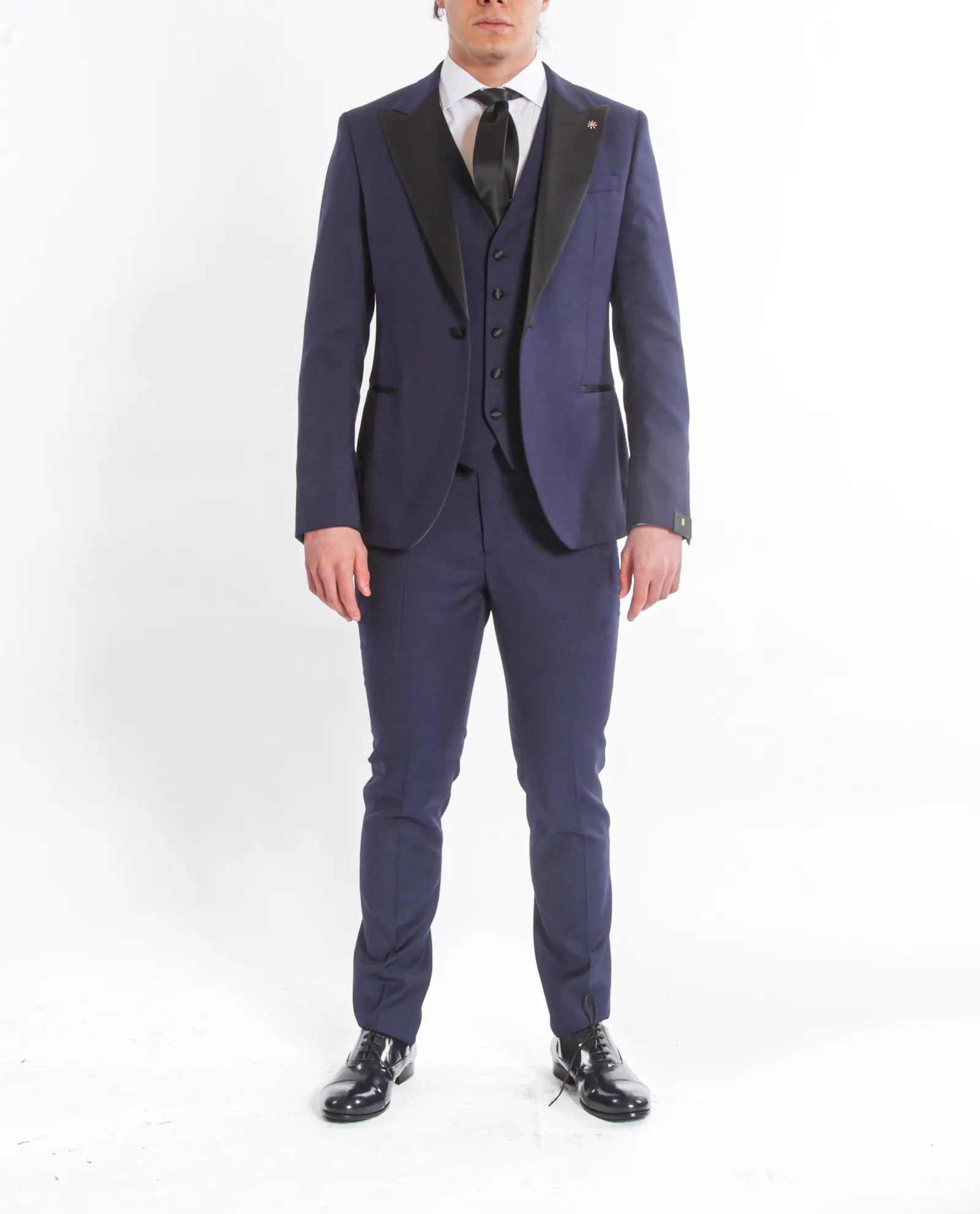 Abito 4 pezzi rever in raso in lana operata blu royal | Manuel Ritz