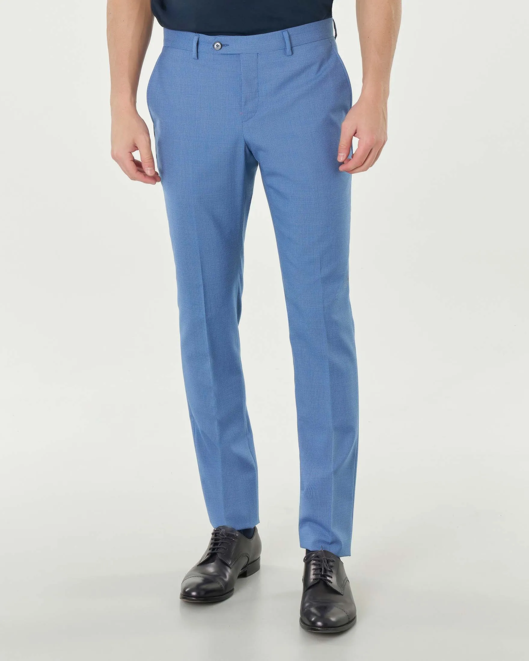 Abito celeste in tela di lana stretch micro pied de poule