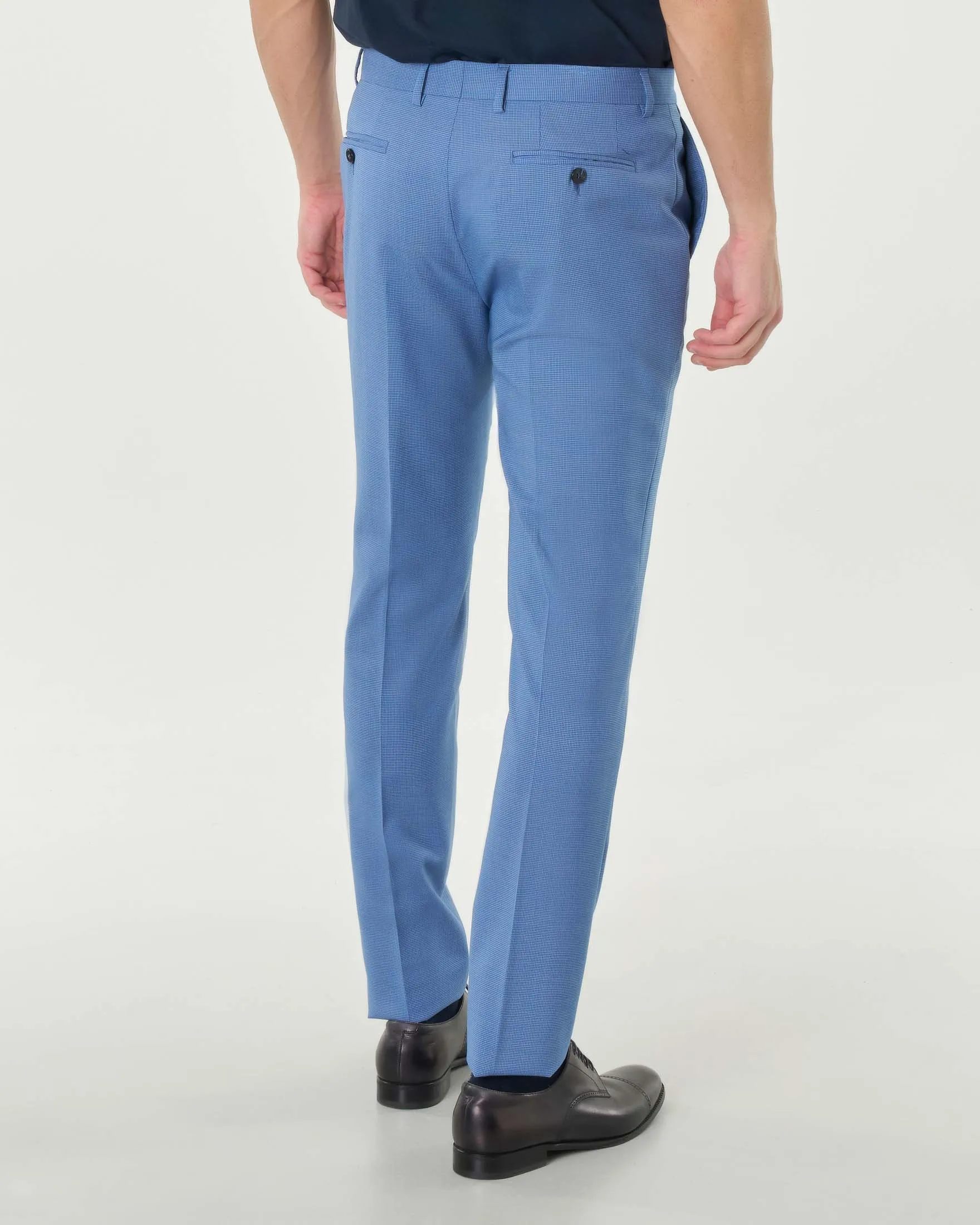 Abito celeste in tela di lana stretch micro pied de poule