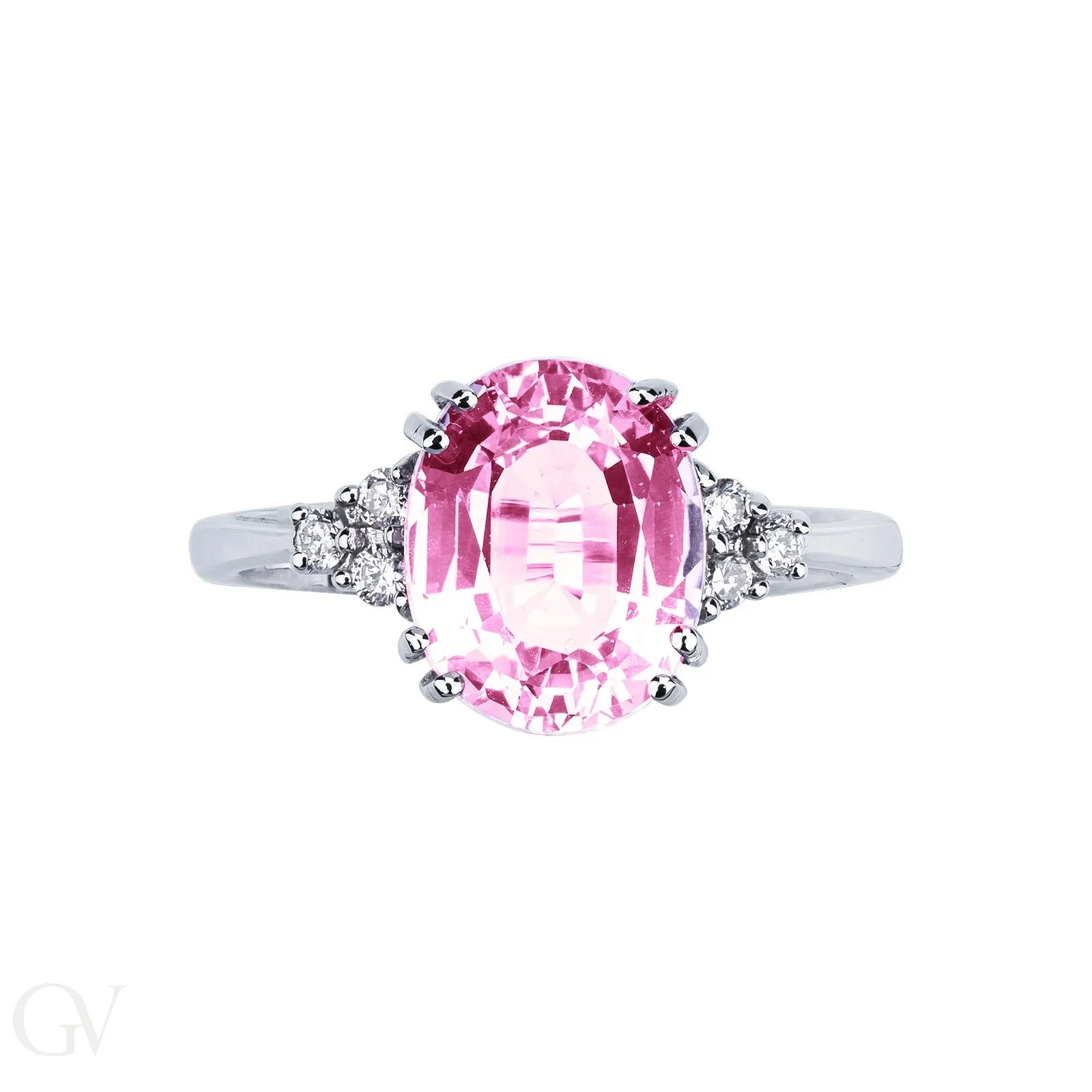 Anello in oro bianco 18k con diamanti e zaffiro rosa