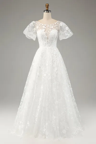 Avorio A-Line Maniche A Sbuffo Abito Da Sposa Con Applicazioni