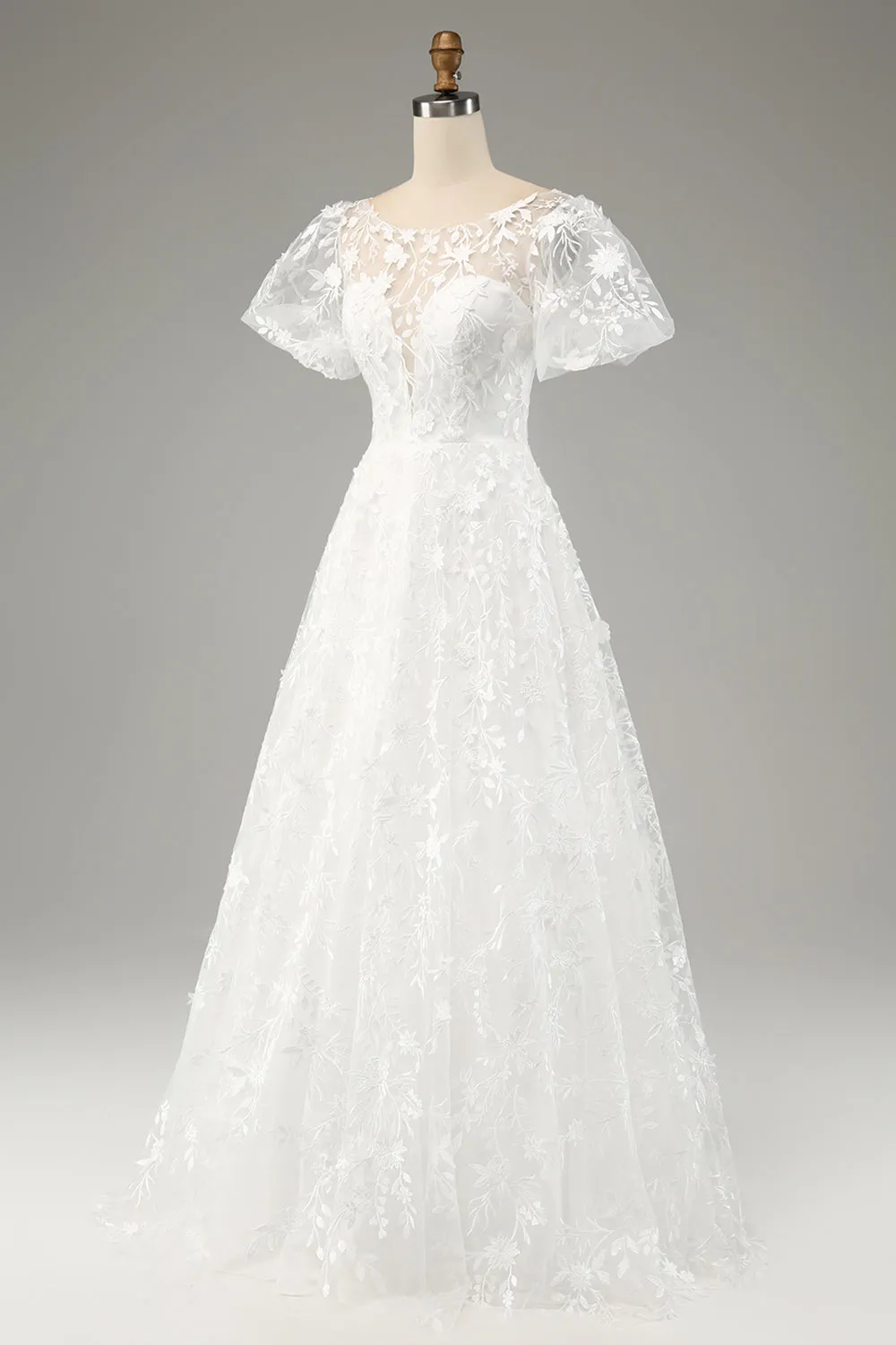 Avorio A-Line Maniche A Sbuffo Abito Da Sposa Con Applicazioni