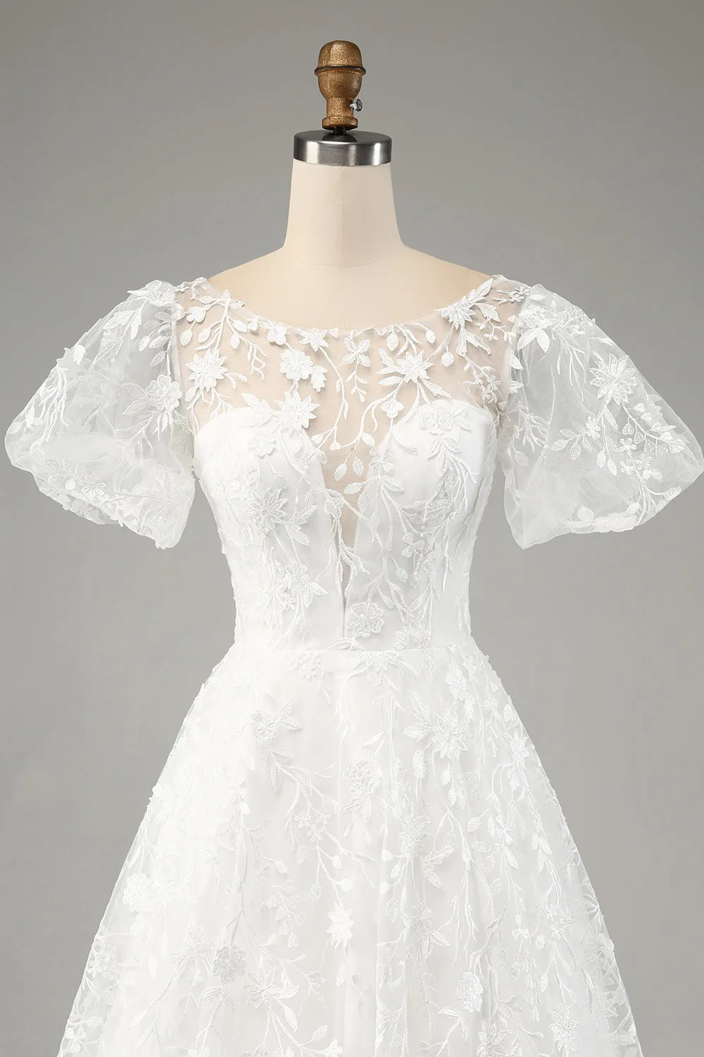 Avorio A-Line Maniche A Sbuffo Abito Da Sposa Con Applicazioni