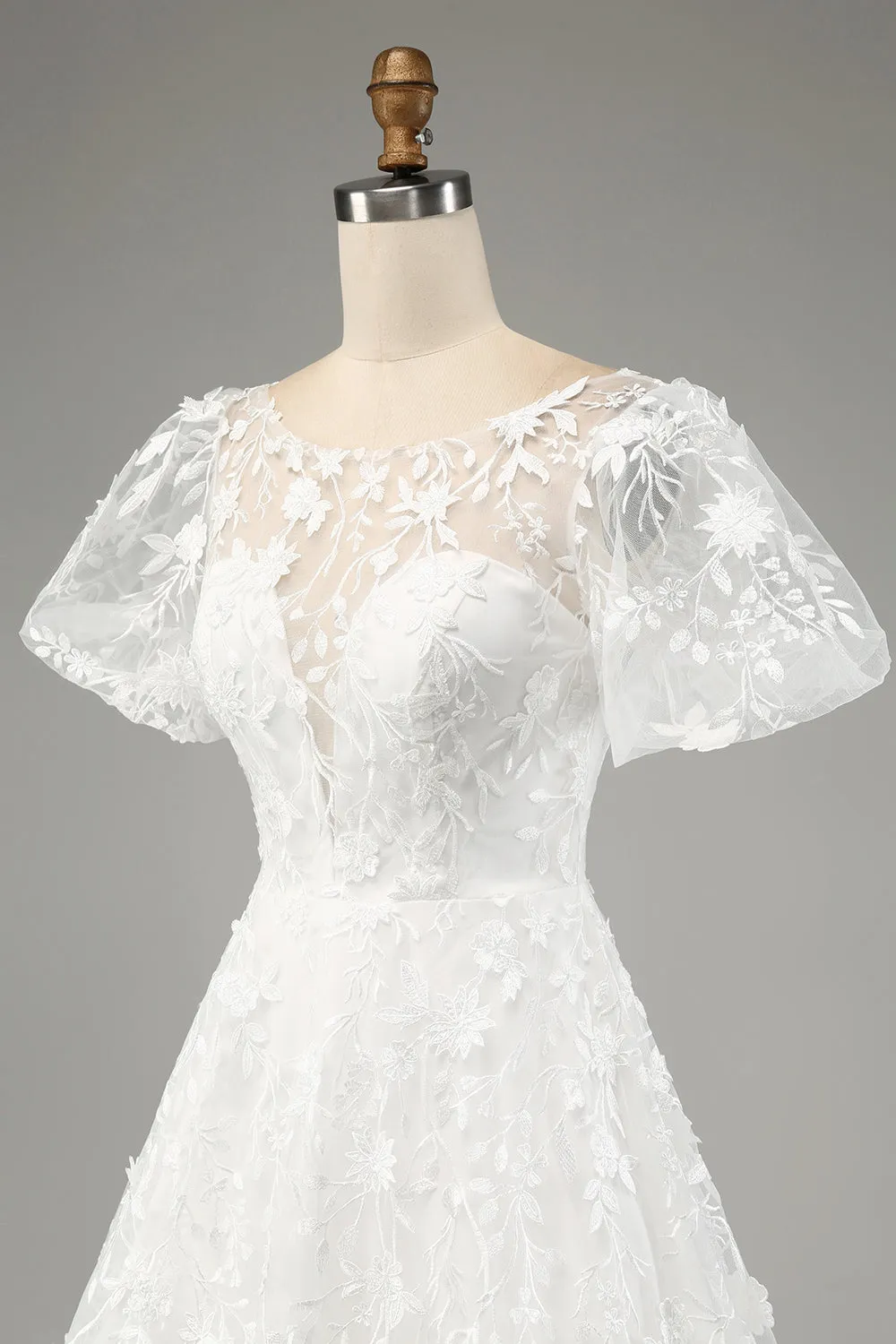 Avorio A-Line Maniche A Sbuffo Abito Da Sposa Con Applicazioni