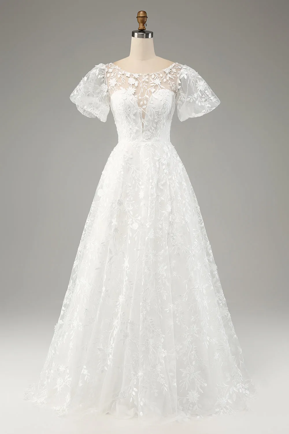 Avorio A-Line Maniche A Sbuffo Abito Da Sposa Con Applicazioni