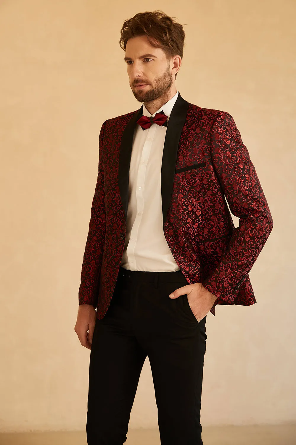 Blue Shawl Lapel Jacquard One Button Men's Prom Blazer