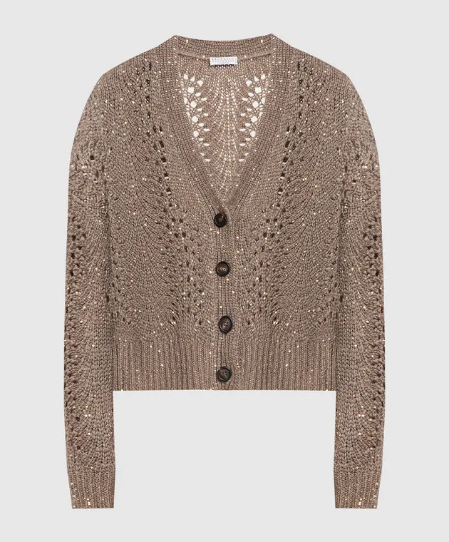 Brunello Cucinelli Cardigan marrone con motivo traforato con paillettes MPT361506