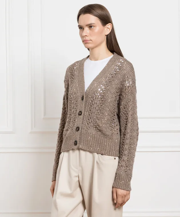 Brunello Cucinelli Cardigan marrone con motivo traforato con paillettes MPT361506