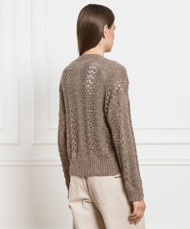 Brunello Cucinelli Cardigan marrone con motivo traforato con paillettes MPT361506