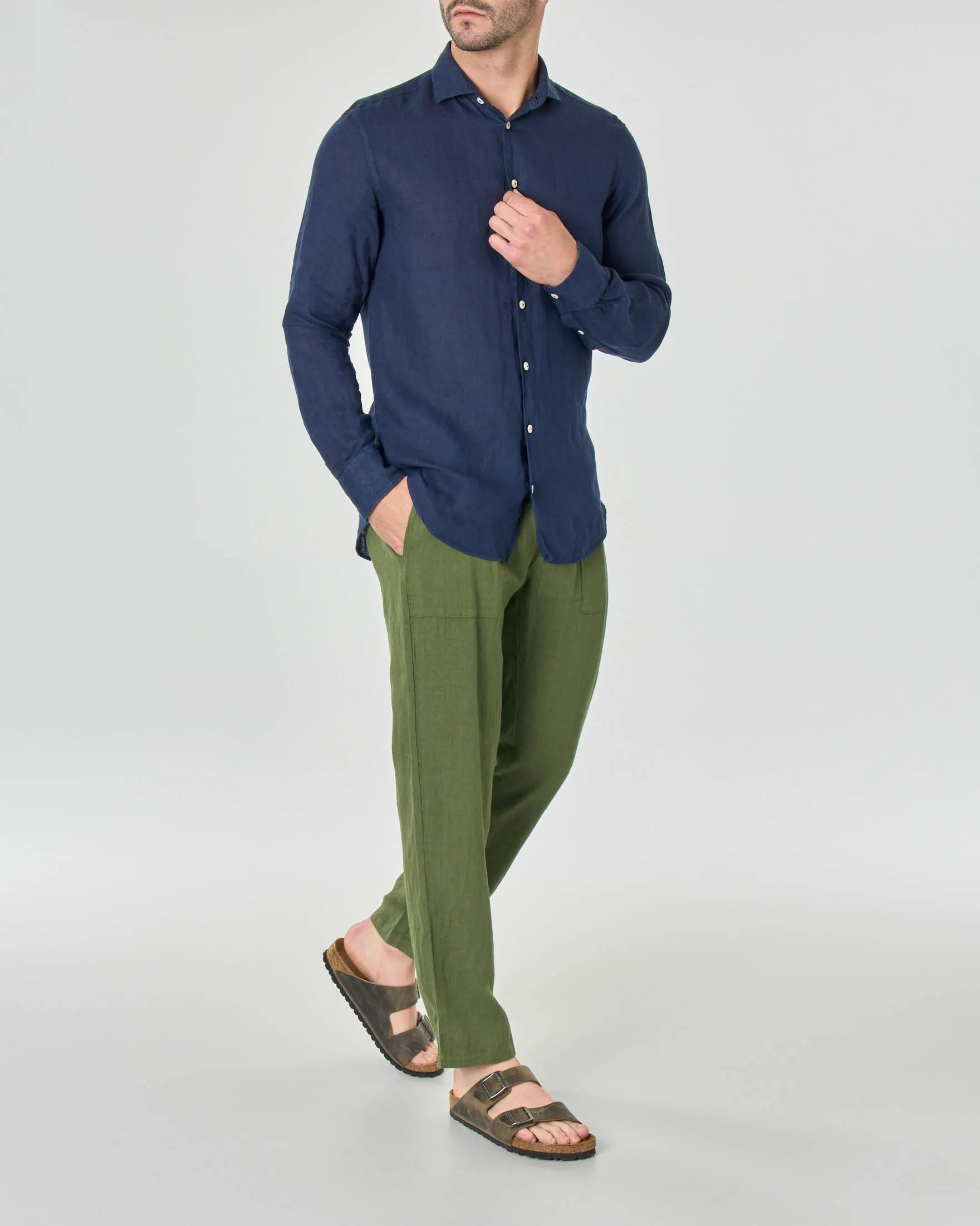 Camicia blu in puro lino con collo alla francese