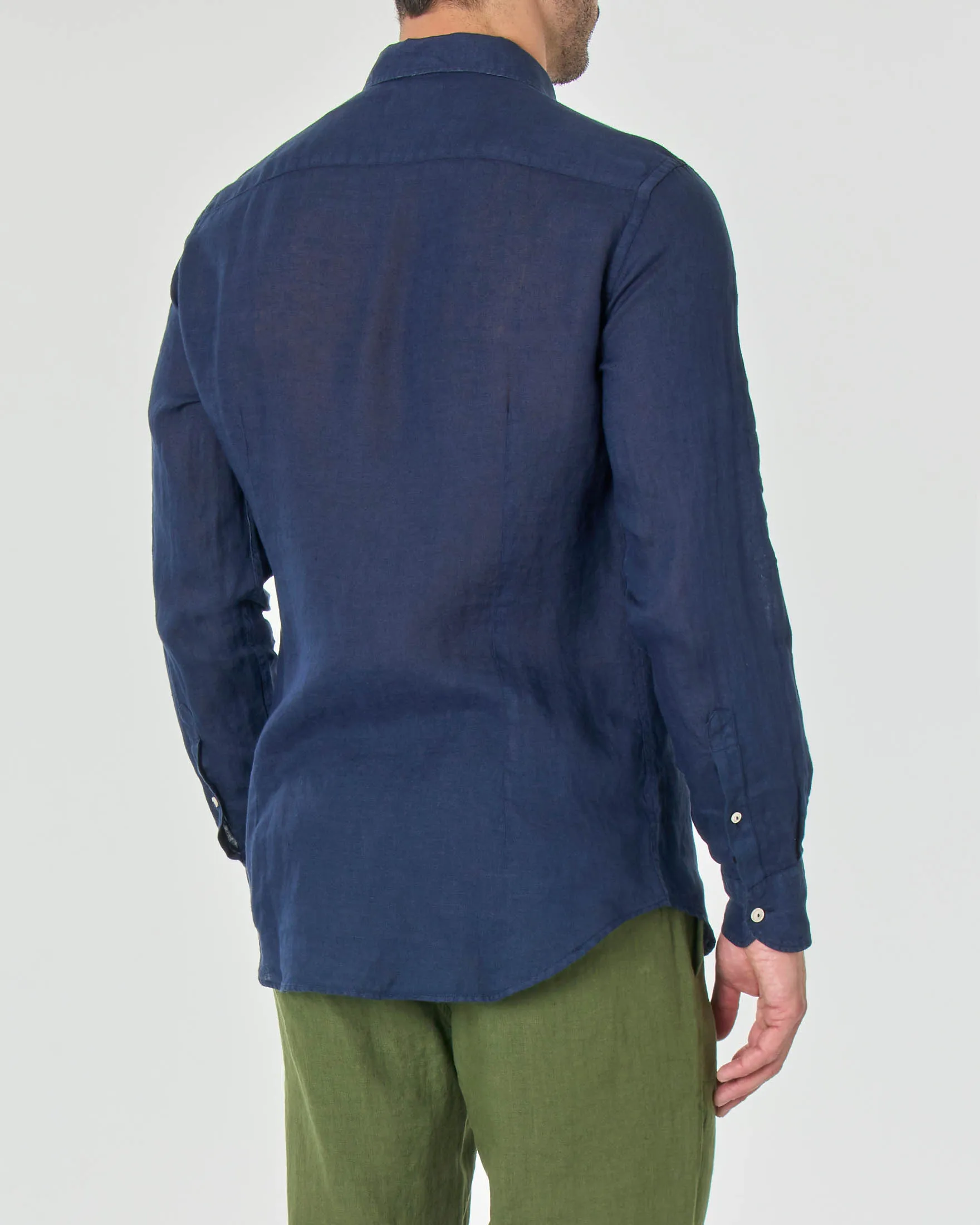 Camicia blu in puro lino con collo alla francese