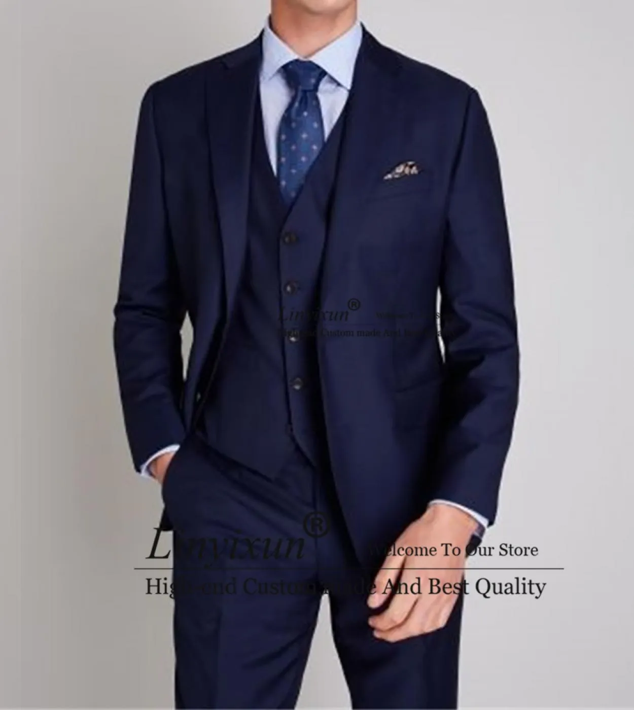 Classico blu navy abiti da uomo risvolto giacca da lavoro slim fit smoking da sposo smoking costume homme giacca da 3 pezzi Ve