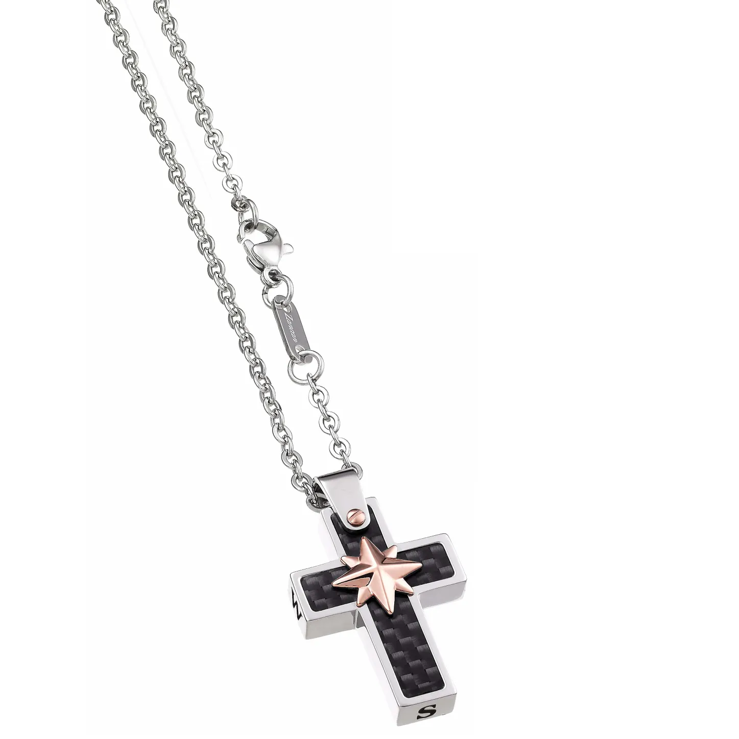 Collana Zancan da uomo in acciaio e carbonio Croce e Rosa dei Venti