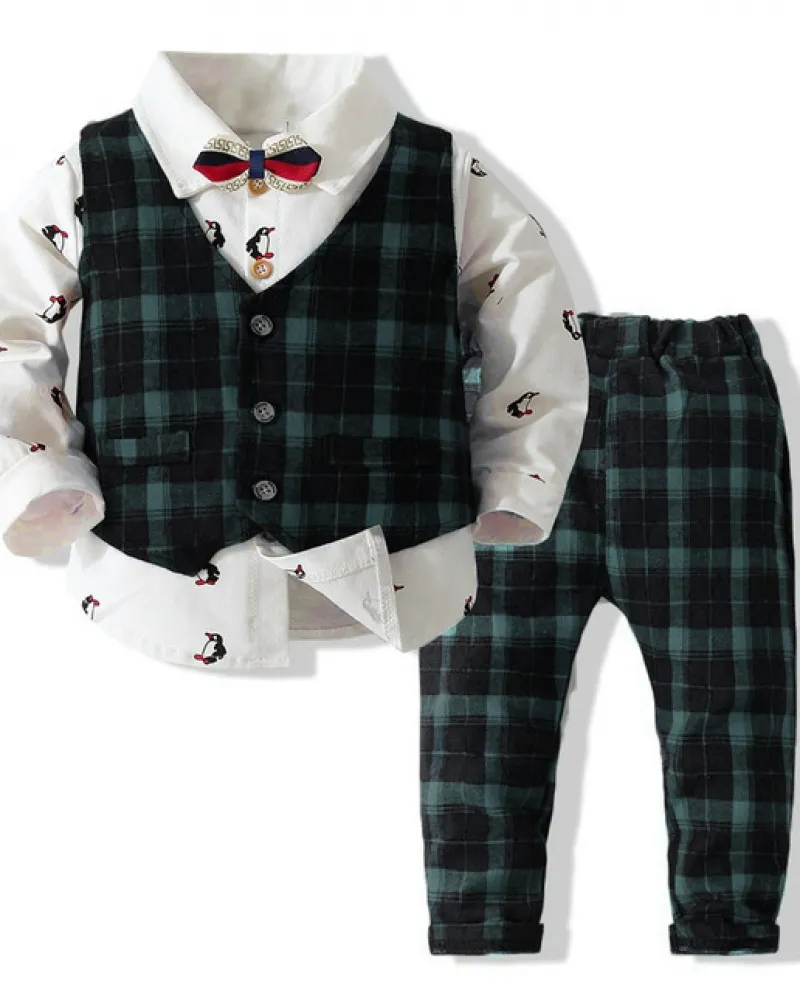 Gentleman Kids Outfit For Boys Primavera Autunno Abito in cotone Gilet scozzese e pantaloni Camicia pinguino con fiocco Festa di