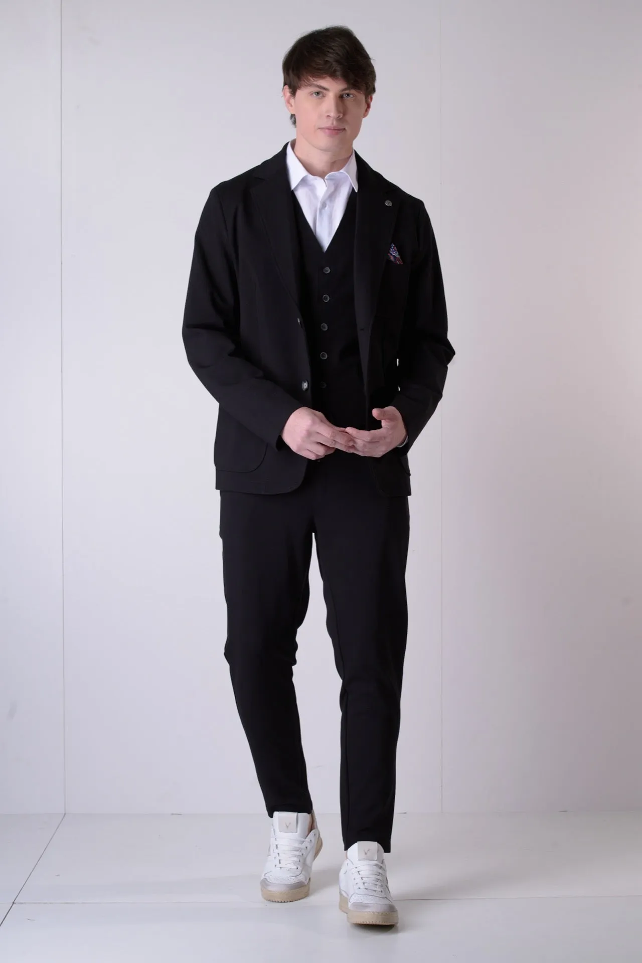 Giacca Sartoriale Monopetto Nero con interni e pochette in tessuto V2