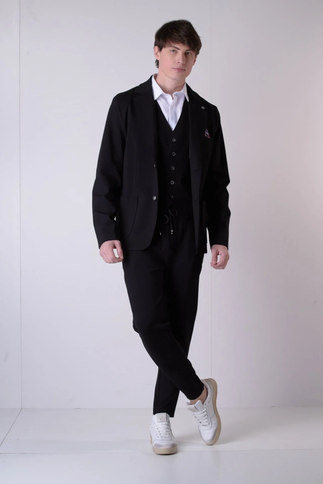 Giacca Sartoriale Monopetto Nero con interni e pochette in tessuto V2