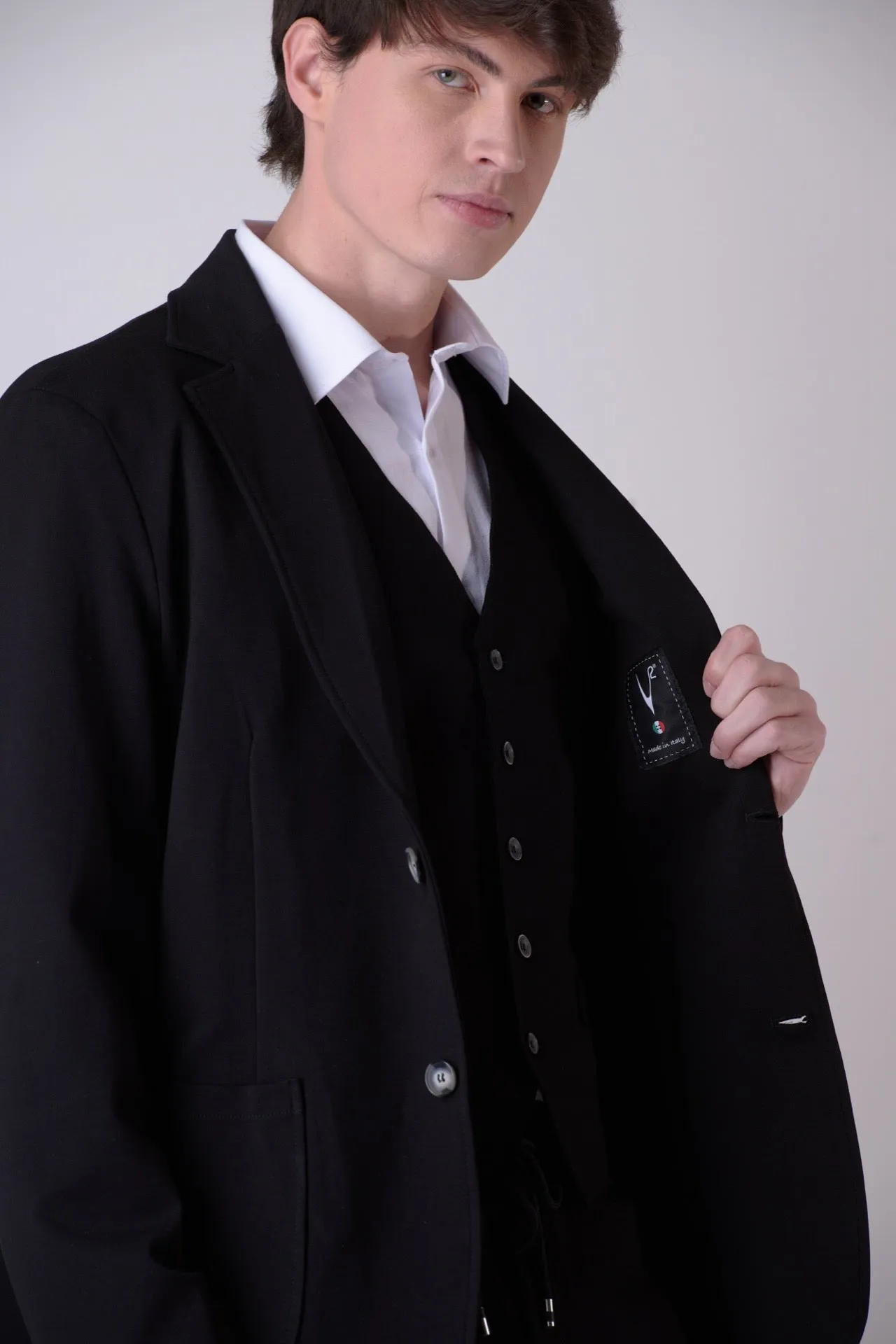 Giacca Sartoriale Monopetto Nero con interni e pochette in tessuto V2