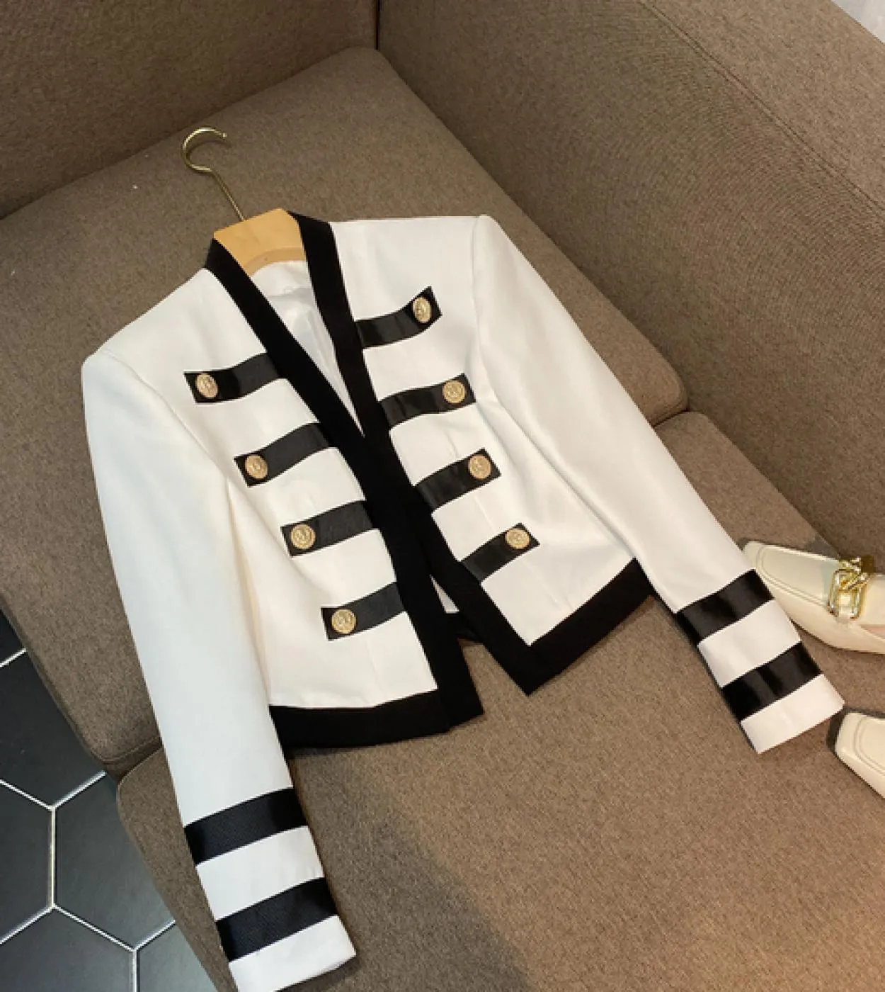 High Street Newest 2022 Designer Jacket Womens Black White Color Block Collarless Lion Buttons Band Jacket Commercio allingross