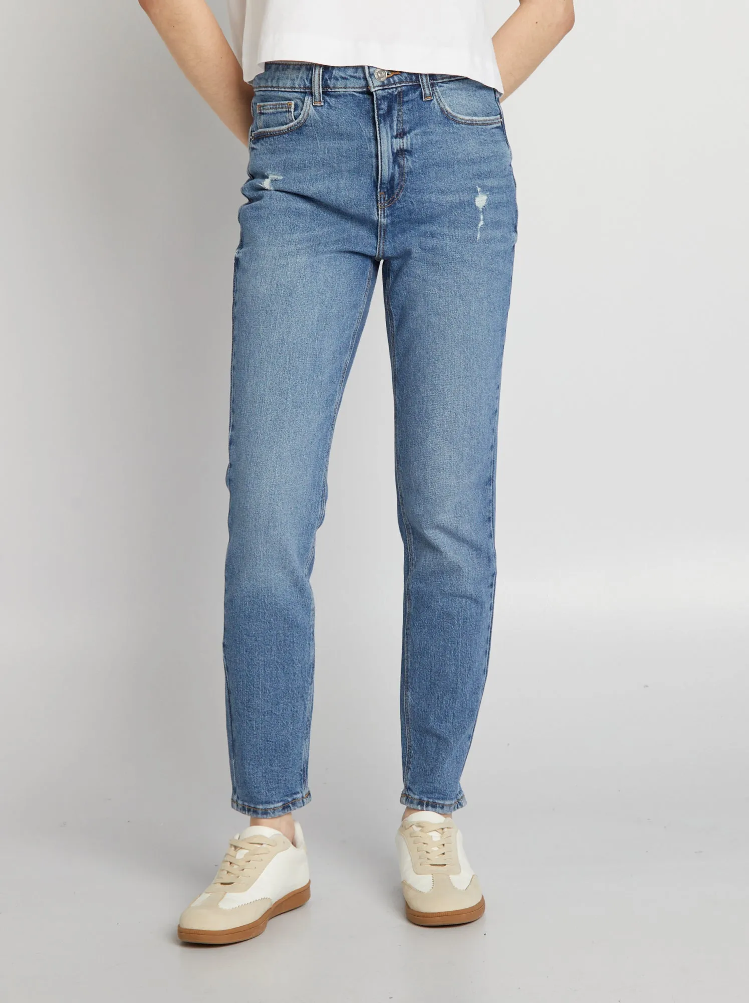 Jeans slim a vita alta con abrasioni - BLU