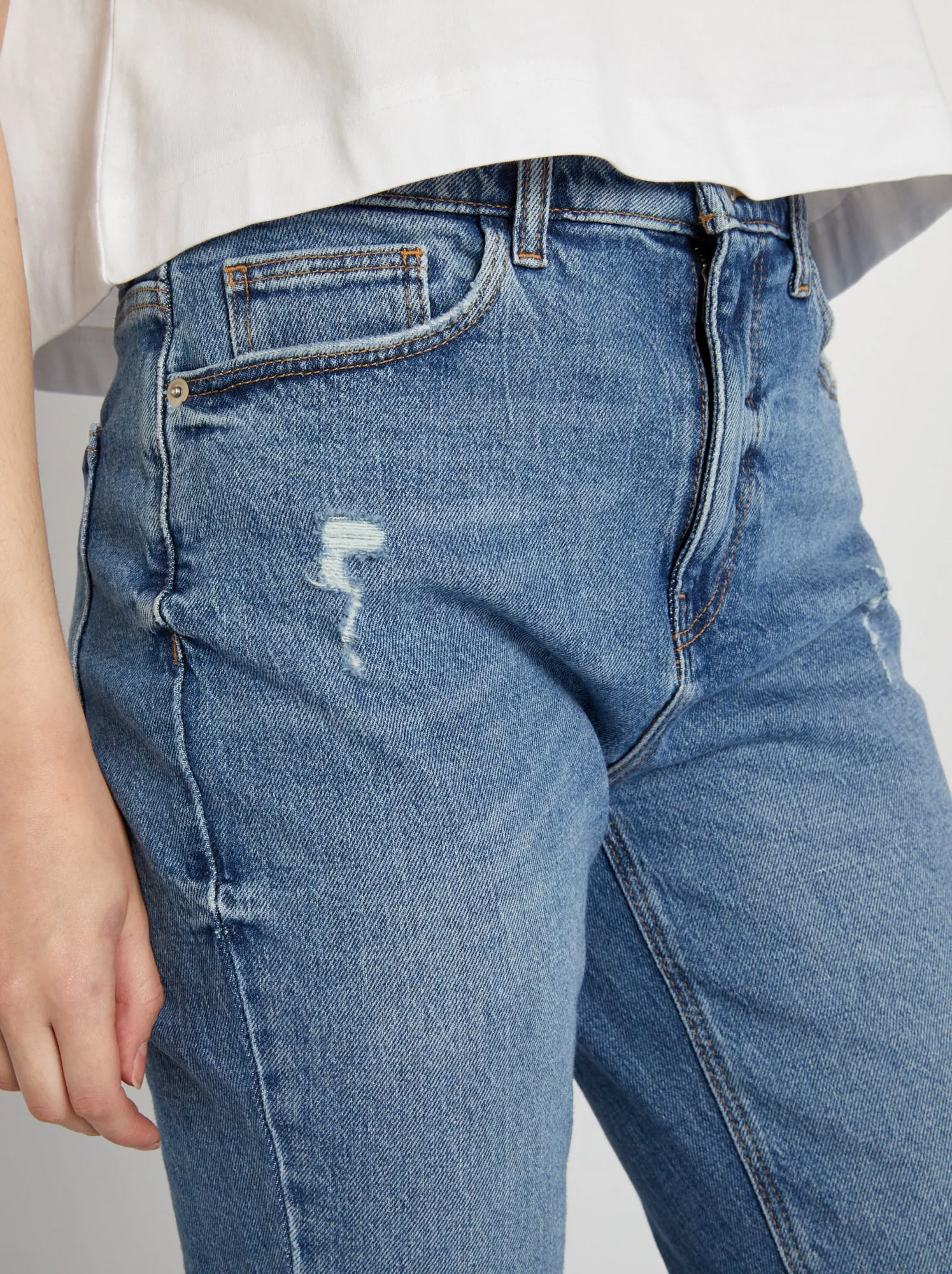 Jeans slim a vita alta con abrasioni - BLU