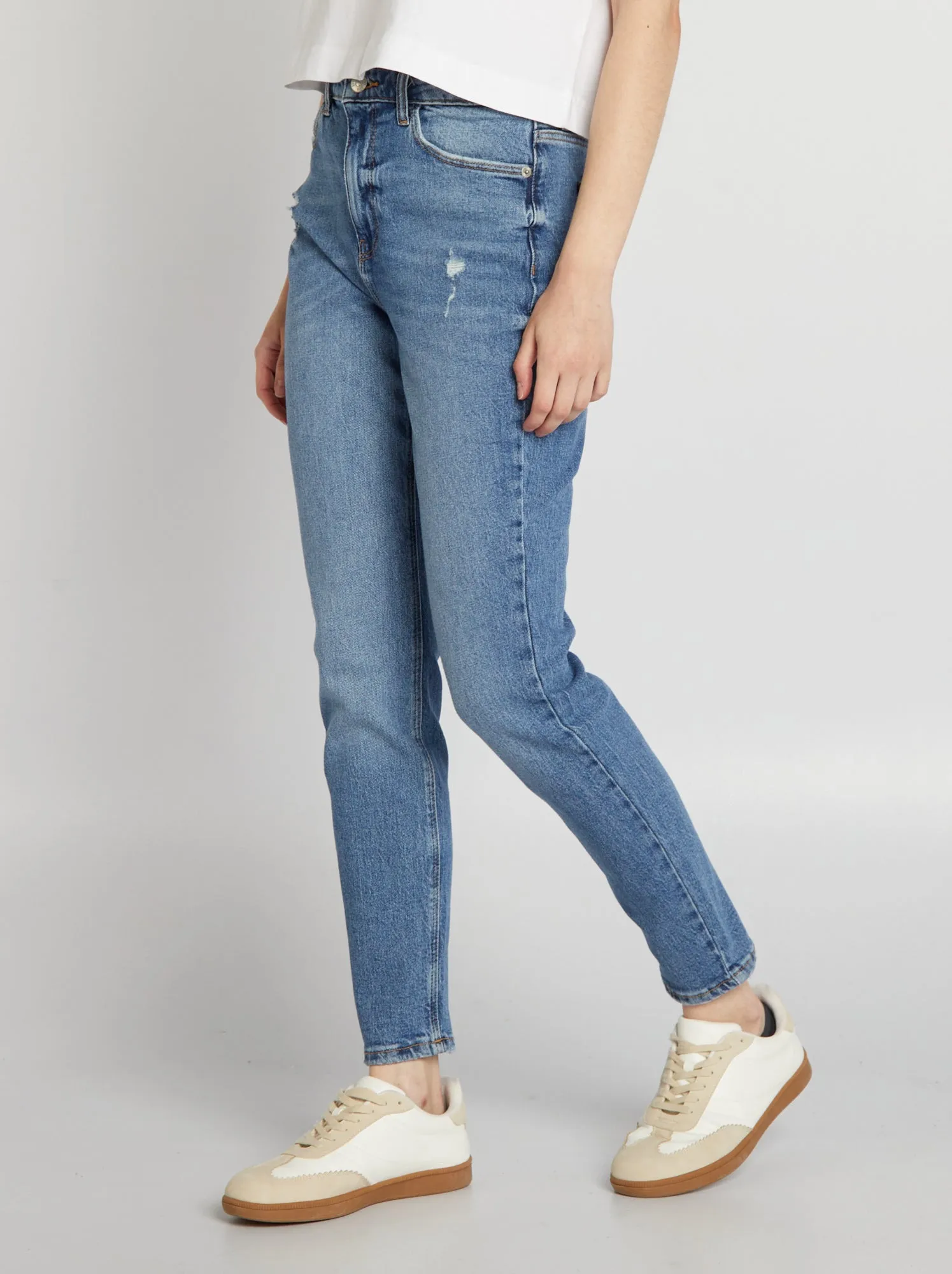 Jeans slim a vita alta con abrasioni - BLU