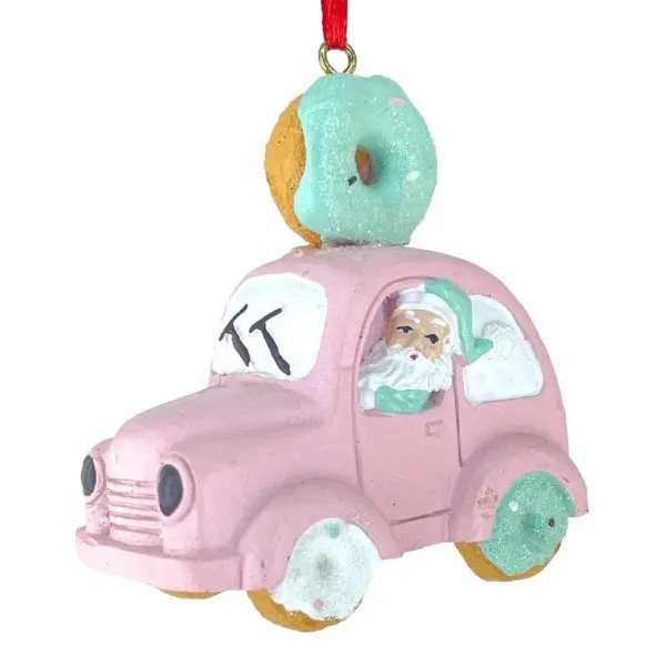 Macchina Ciambella Rosa con Babbo Natale in Resina – H 7 cm