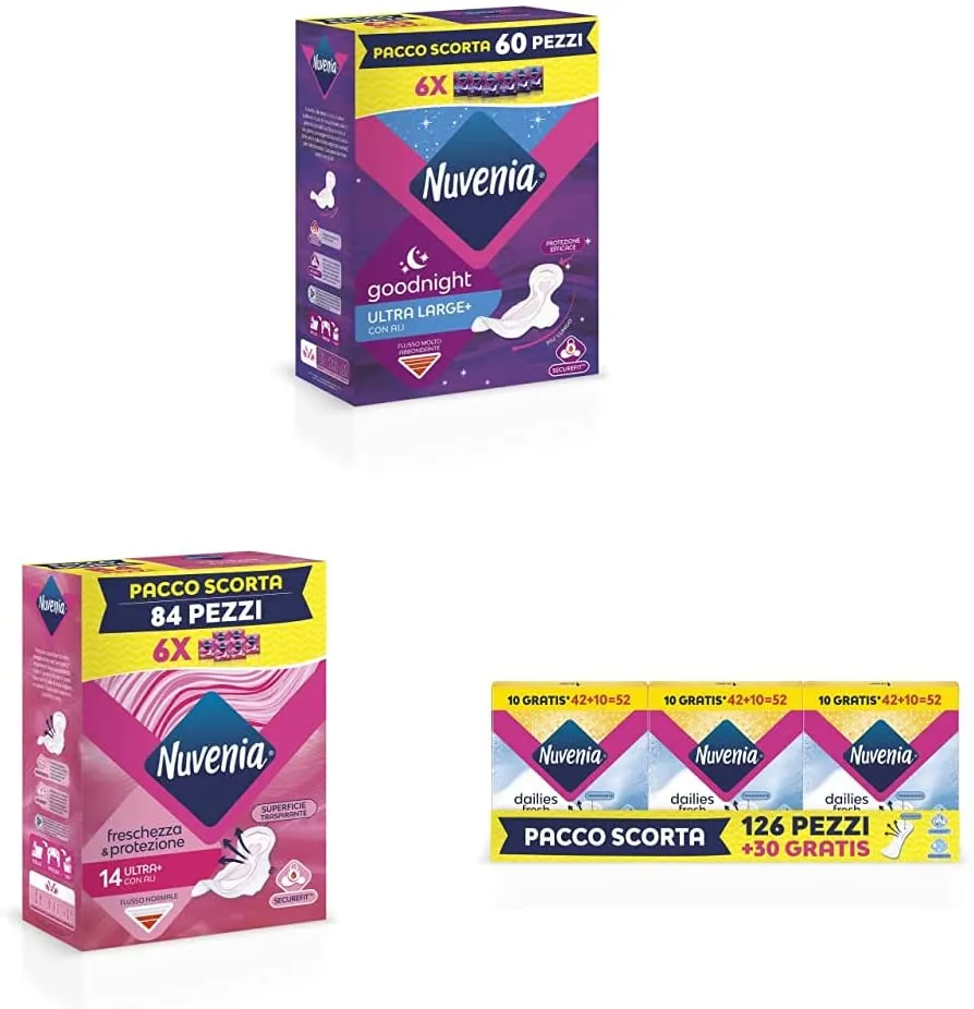 Nuvenia - Assorbente Ultra Notte con Ali - Superficie Traspirante e Assorbenza Rapida - 6 Confezioni da 10 Assorbenti