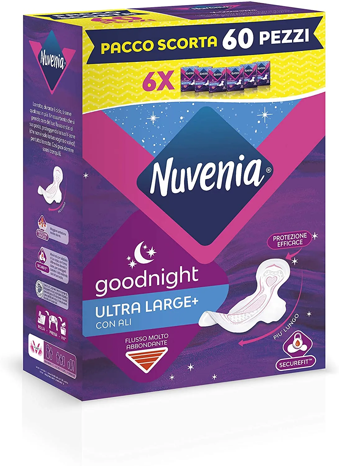 Nuvenia - Assorbente Ultra Notte con Ali - Superficie Traspirante e Assorbenza Rapida - 6 Confezioni da 10 Assorbenti