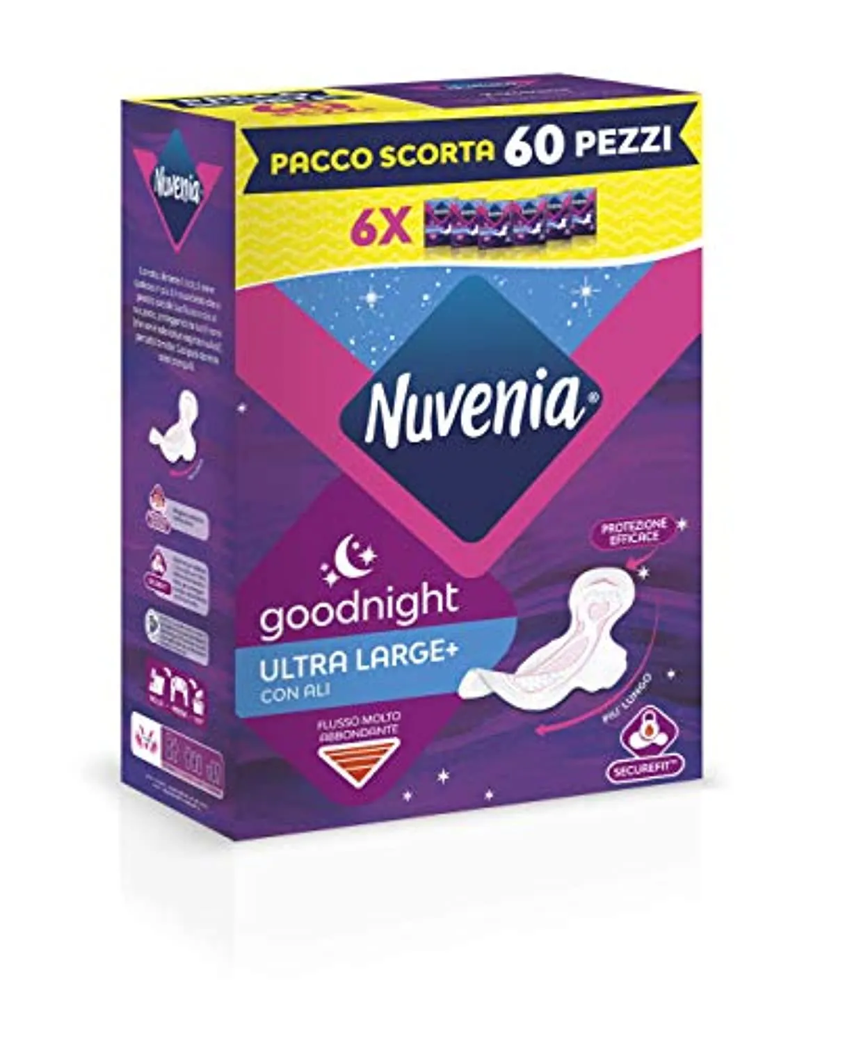 Nuvenia - Assorbente Ultra Notte con Ali - Superficie Traspirante e Assorbenza Rapida - 6 Confezioni da 10 Assorbenti