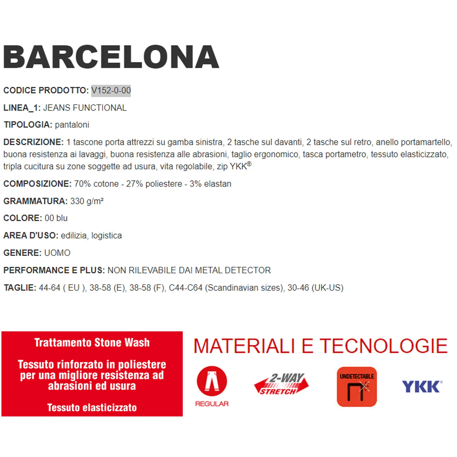 Pantalone Cargo JEANS da Lavoro COFRA Multitasche Tessuto Elasticizzato Chiusure Zip modello BARCELONA