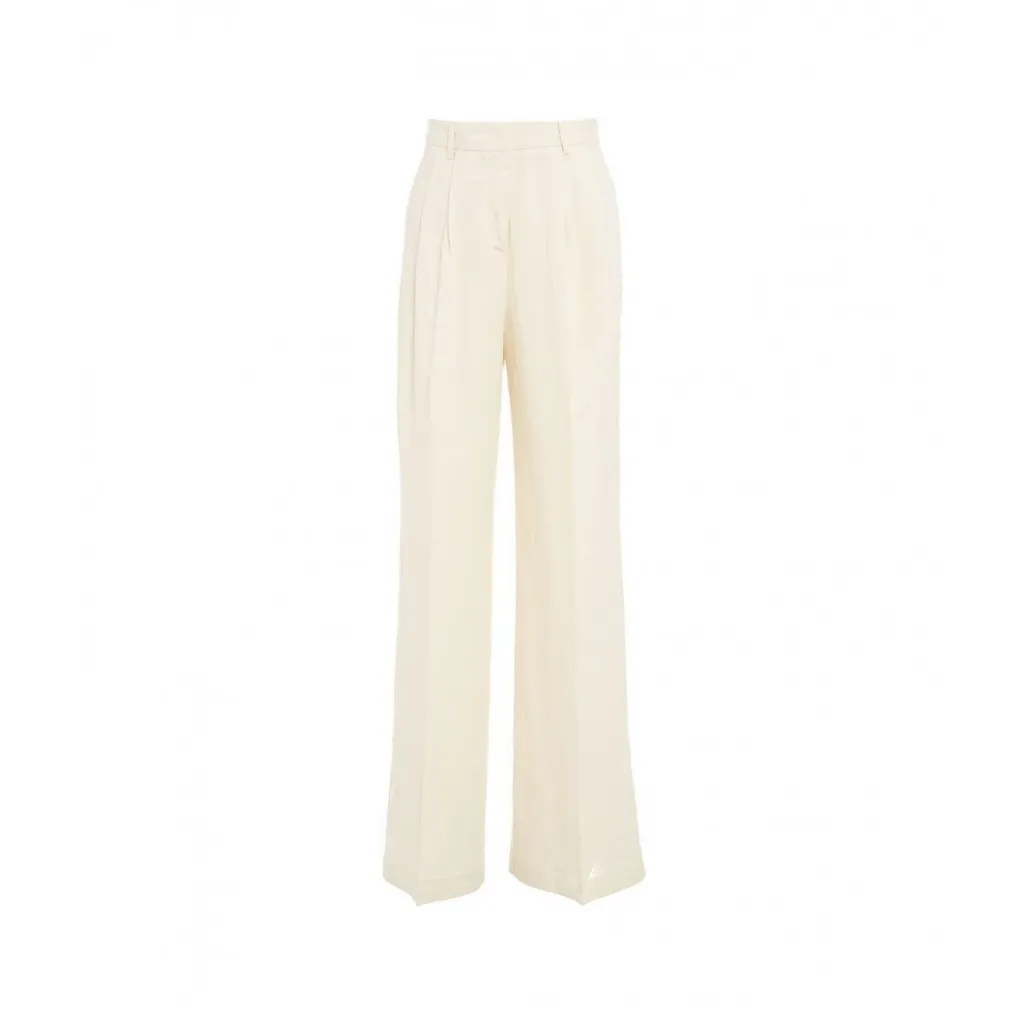 Pantaloni a pieghe in misto lino crema