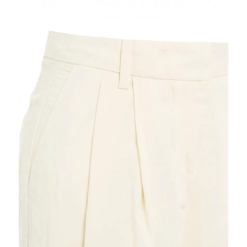 Pantaloni a pieghe in misto lino crema