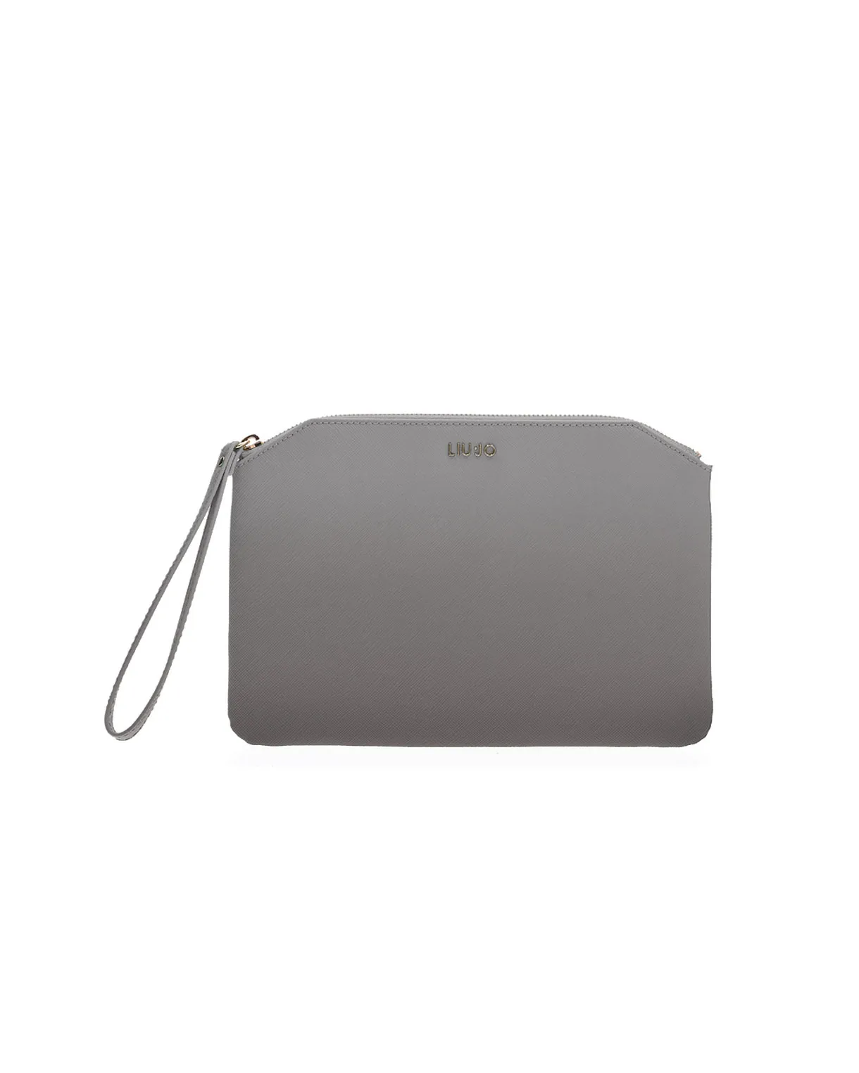 Pochette argento in similpelle saffiano con scritta logo e gancio