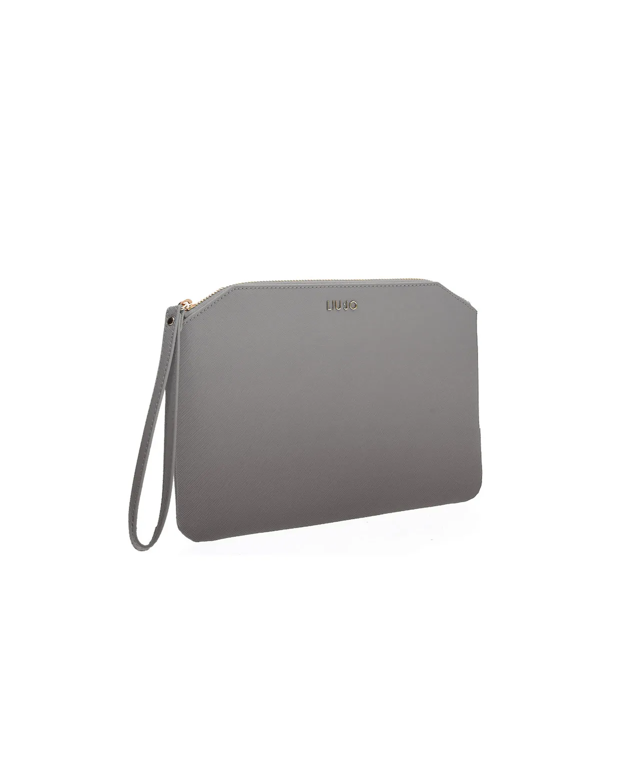 Pochette argento in similpelle saffiano con scritta logo e gancio