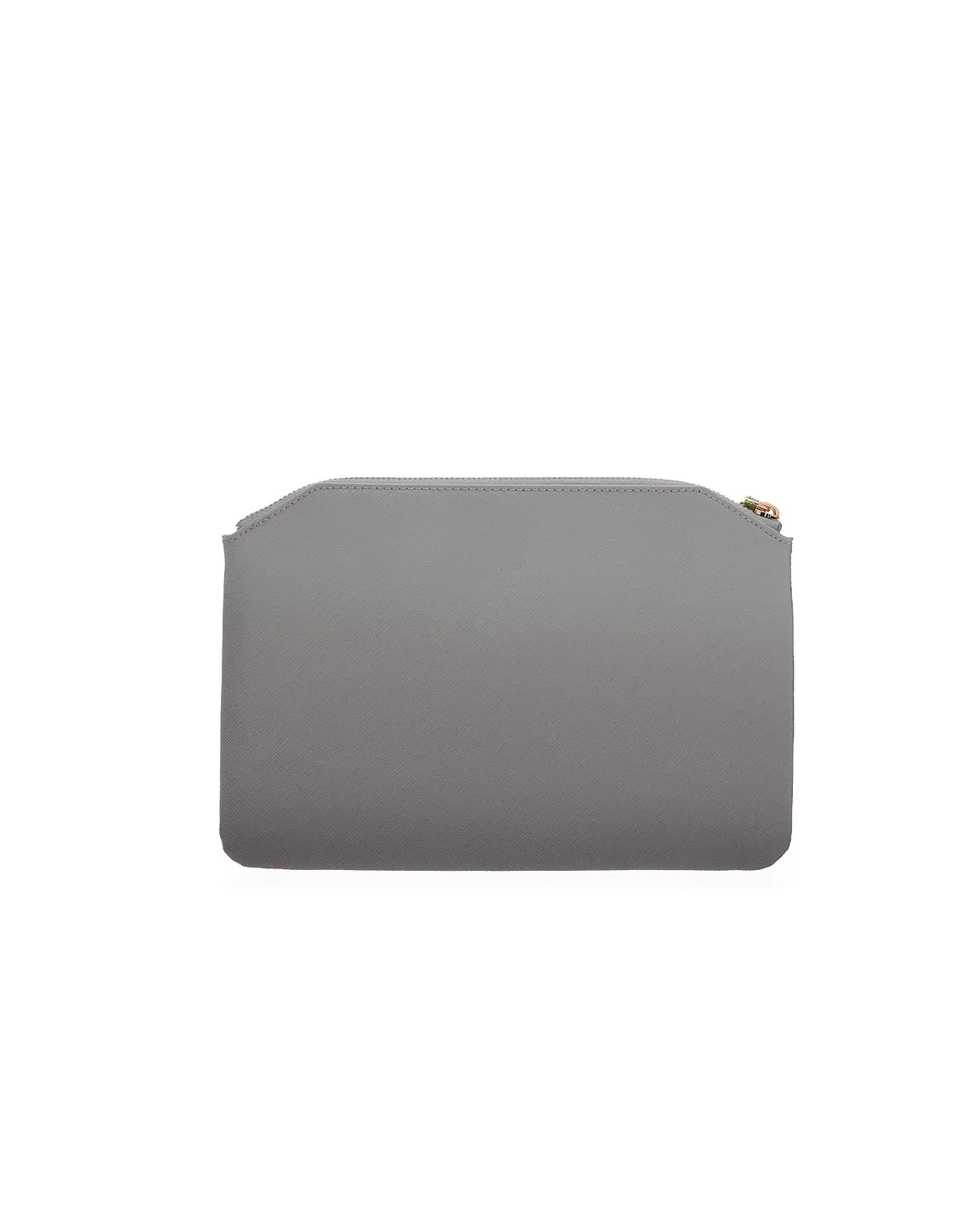 Pochette argento in similpelle saffiano con scritta logo e gancio