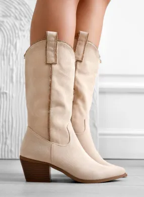 PRISMA - Stivaletti beige camperos con bordi in strass