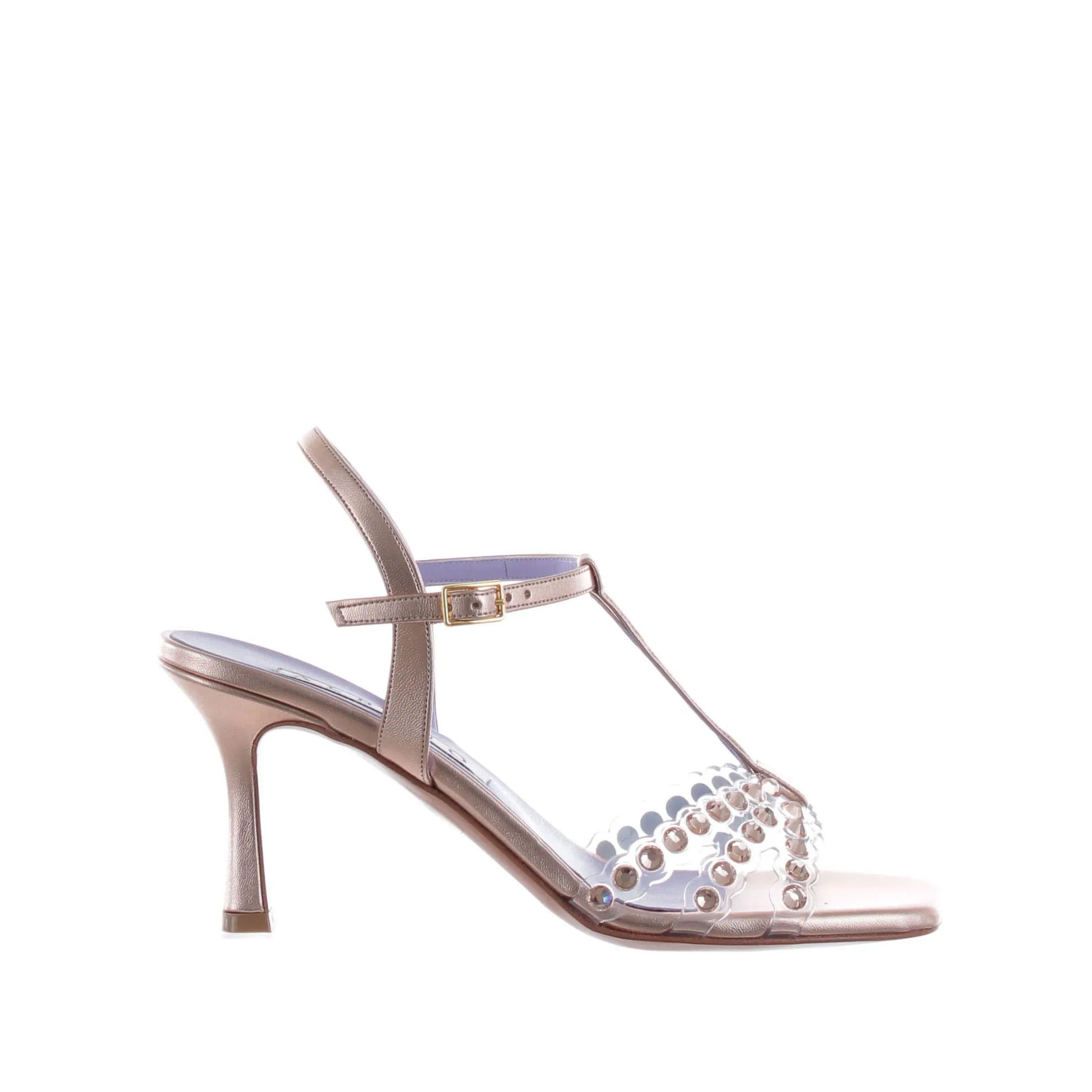 Sandalo in pelle metal e pvc con pietre