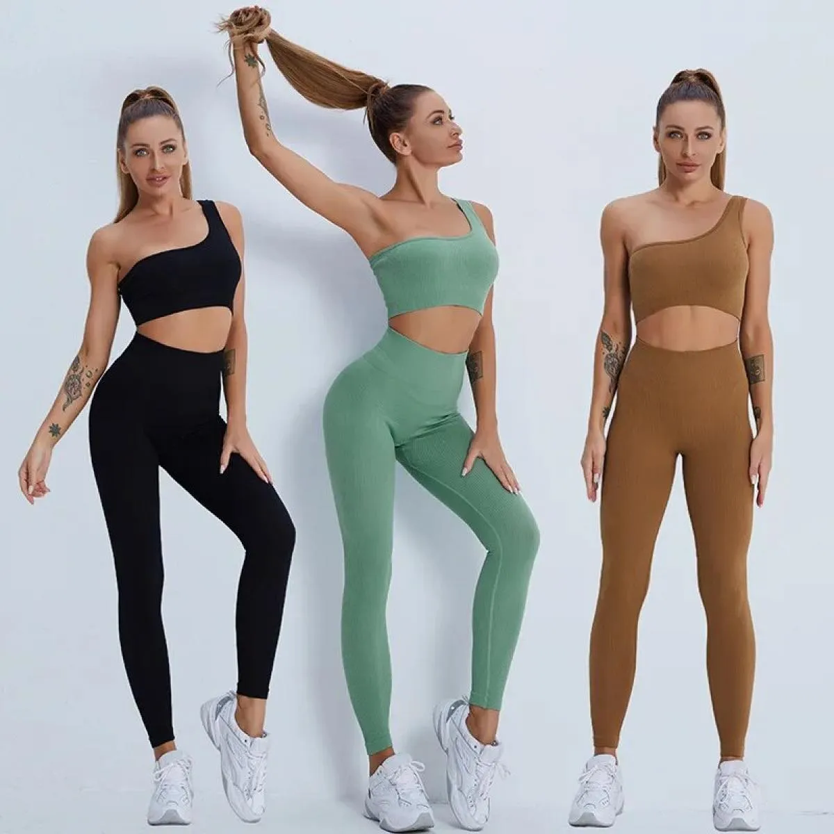 Set da yoga senza cuciture Sport Fitness Vita alta Pantaloni per il sollevamento dell'anca Reggiseno monospalla Abiti da allenam