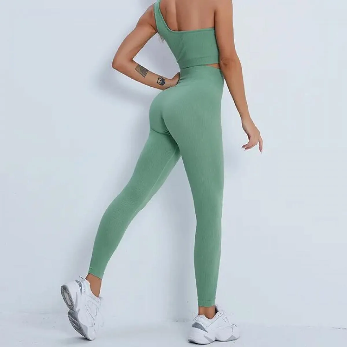Set da yoga senza cuciture Sport Fitness Vita alta Pantaloni per il sollevamento dell'anca Reggiseno monospalla Abiti da allenam