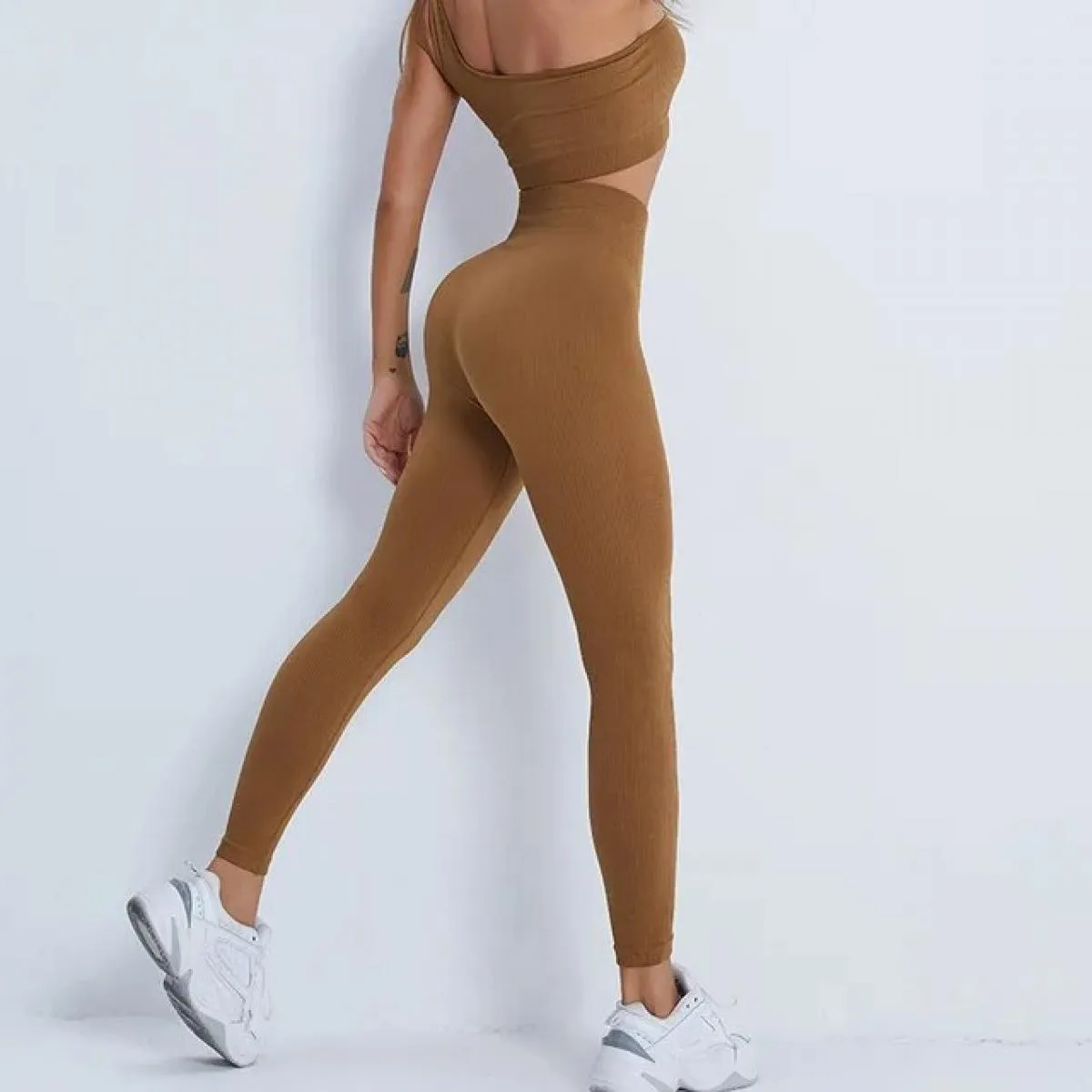 Set da yoga senza cuciture Sport Fitness Vita alta Pantaloni per il sollevamento dell'anca Reggiseno monospalla Abiti da allenam