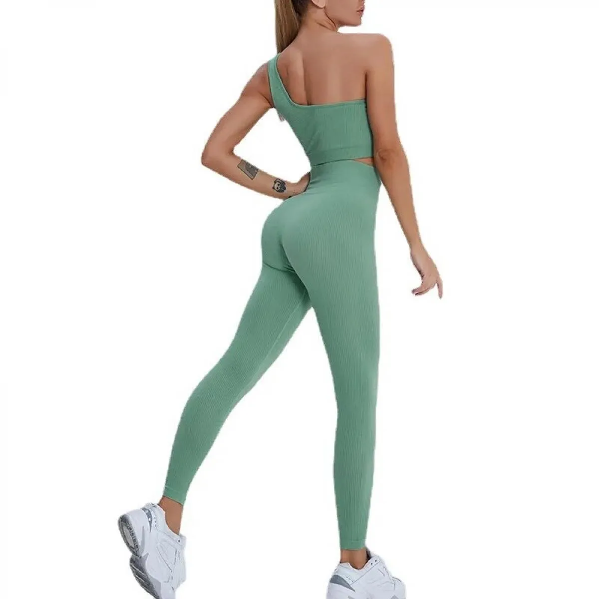 Set da yoga senza cuciture Sport Fitness Vita alta Pantaloni per il sollevamento dell'anca Reggiseno monospalla Abiti da allenam
