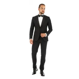 Smoking Henk ter Horst in lana vergine con allacciatura a gancio vestibilità slim fit 2 pezzi Nero