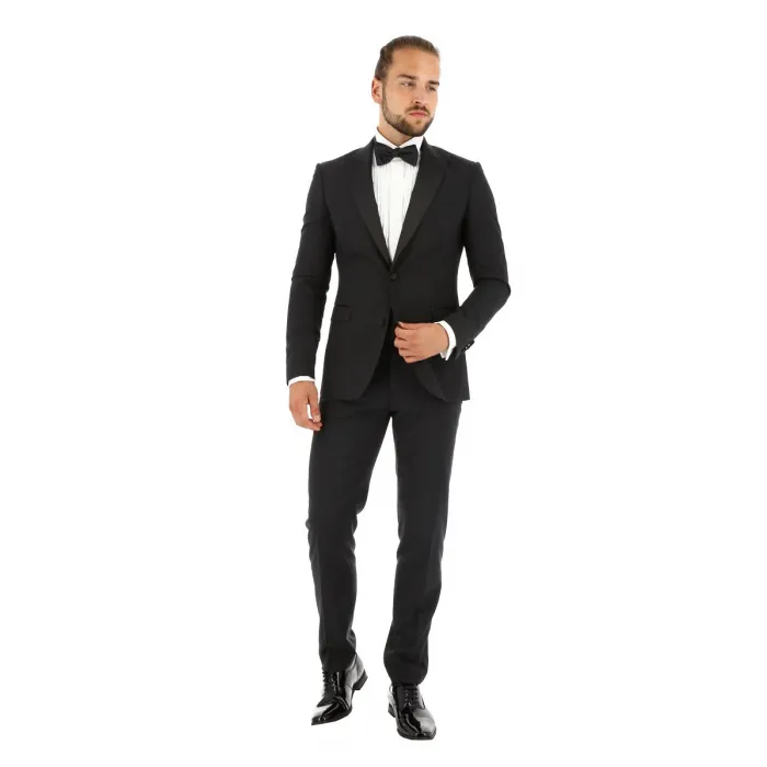Smoking Henk ter Horst in lana vergine con allacciatura a gancio vestibilità slim fit 2 pezzi Nero
