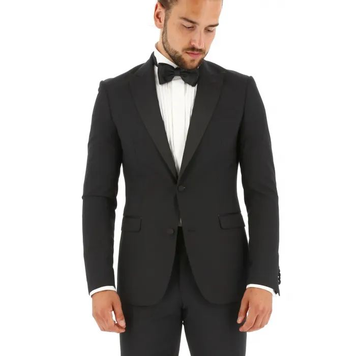 Smoking Henk ter Horst in lana vergine con allacciatura a gancio vestibilità slim fit 2 pezzi Nero
