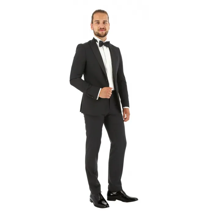 Smoking Henk ter Horst in lana vergine con allacciatura a gancio vestibilità slim fit 2 pezzi Nero