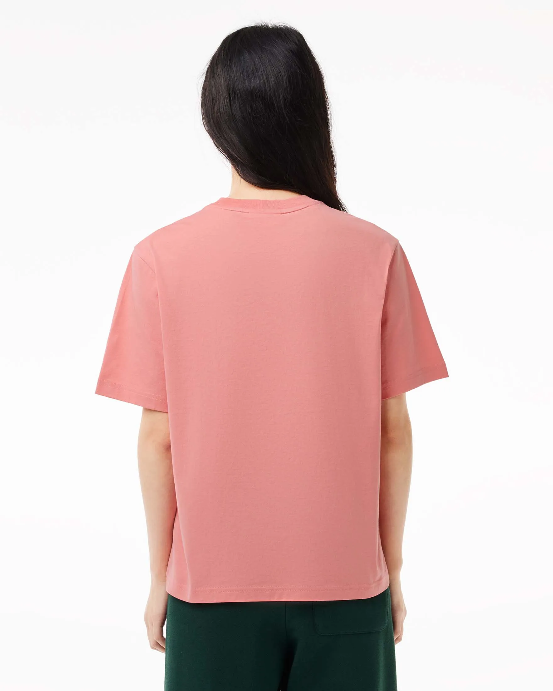T-shirt boxy rosa antico in cotone con coccodrillo verde ricamato sul petto