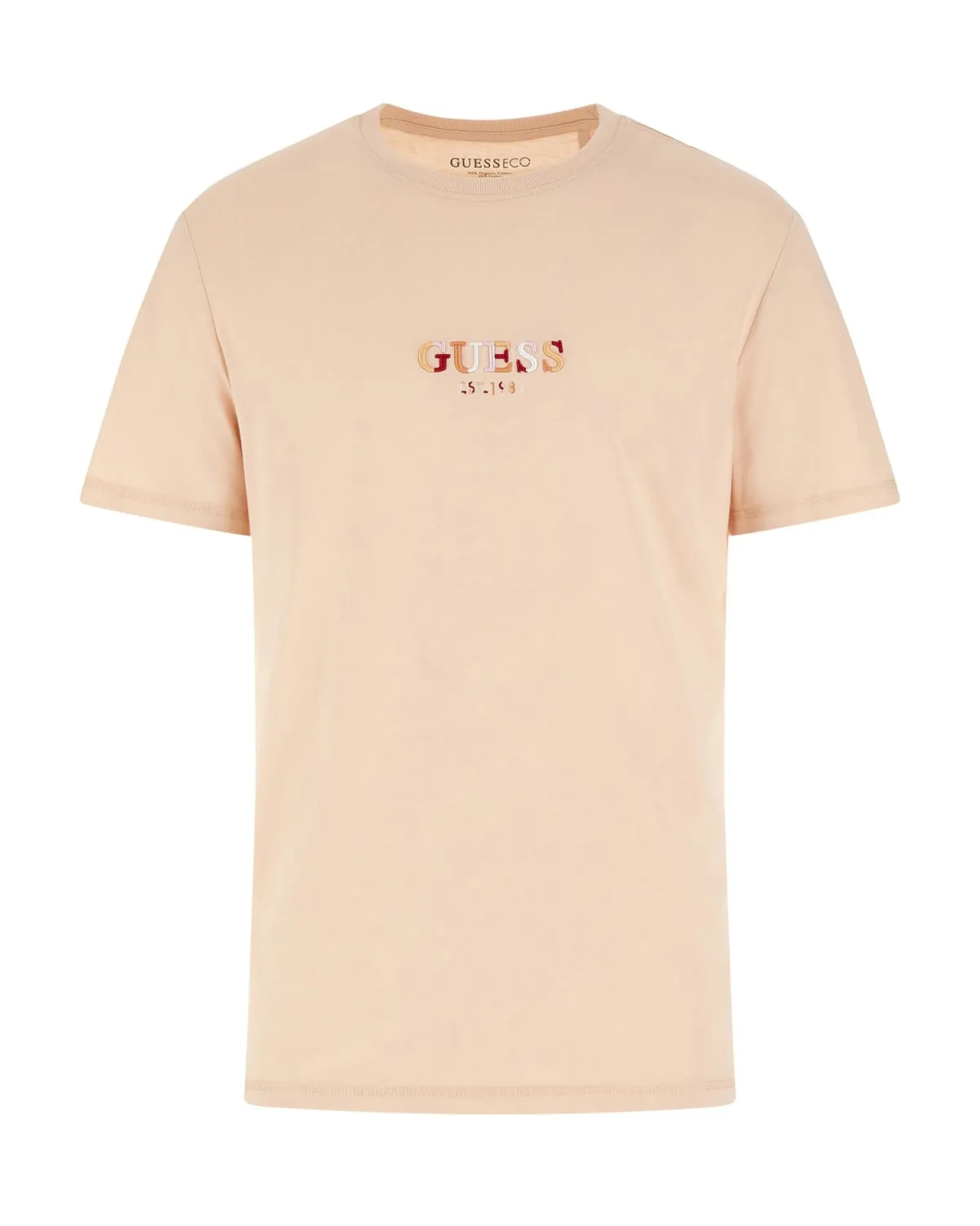 T-shirt color pesca mezza manica in cotone con logo ricamato sul petto