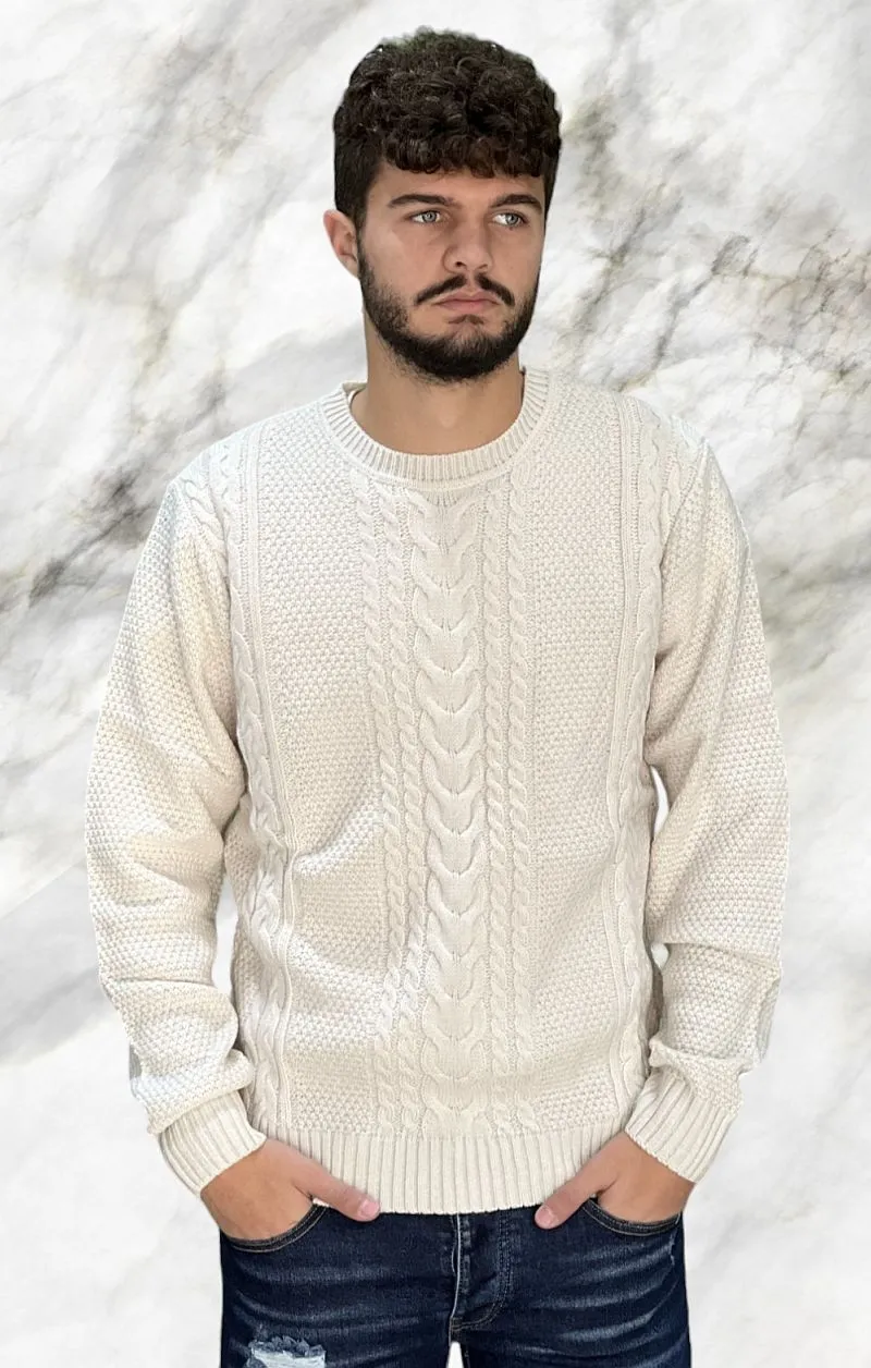 TIFFOSI Maglione Girocollo Lavorato a Trecce - Milk